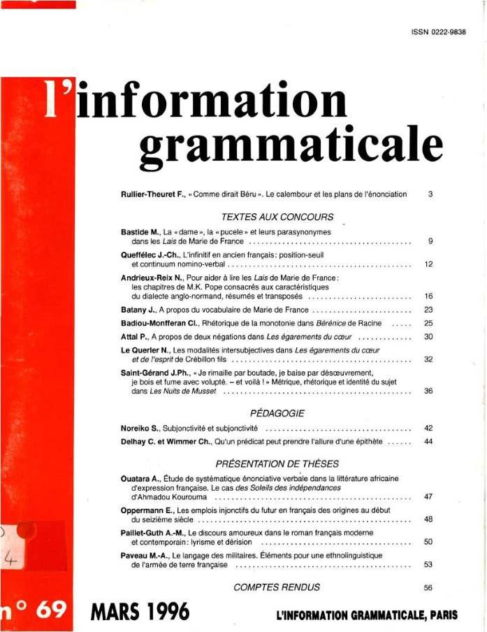 L'information grammaticale n°69 - De Dard et D'autres