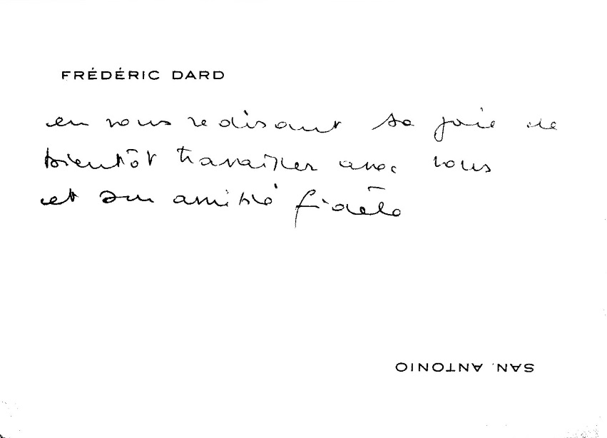 CV de 3 lignes manuscrites de Frédéric Dard à Jean-Jacques Bricaire