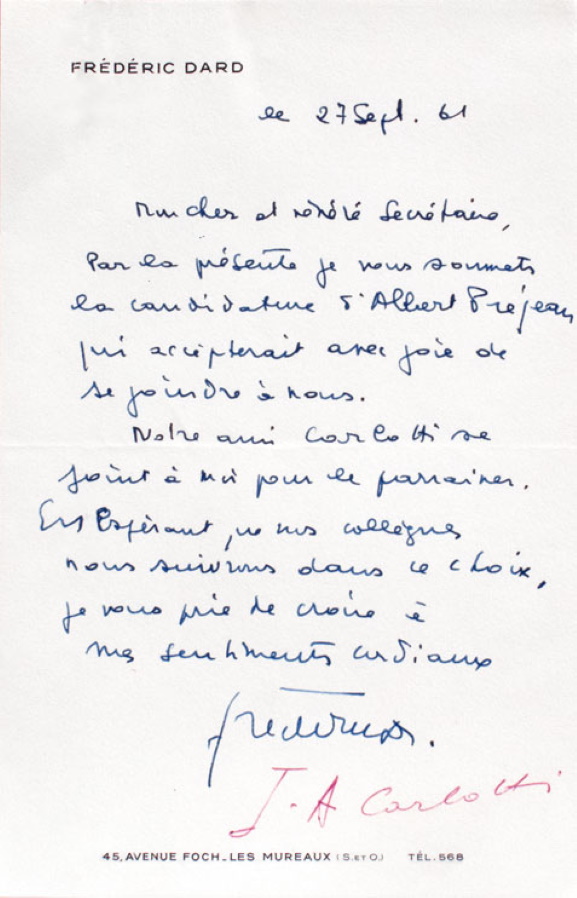 Lettre FD au secrétaire de l'Académie Rabelais 27 septembre 1961